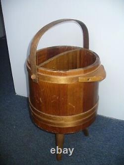 Vintage Wooden Bucket 3-Leg Tripod Handle Divided center RARE