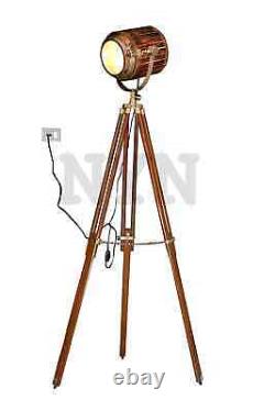 Vintage Wooden Spotlight With Two Fold Wooden Tripod Stand Nautical Floor Lamp