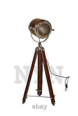 Vintage Wooden Spotlight With Two Fold Wooden Tripod Stand Nautical Floor Lamp