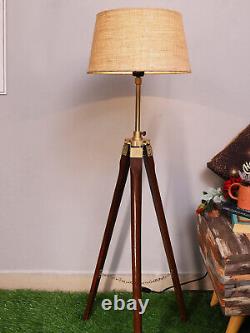Vintage Wooden Tripod Floor Lamp Brown Polish Antique Finish Decoration Lamp