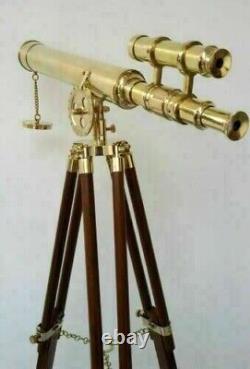 Vintage Wooden Tripod Stand Brass Telescope Navy Adjustable Brass Telescope