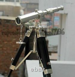 Vintage Wooden Tripod Stand Nautical Gift Silver Brass Desk Telescope Spy Gift