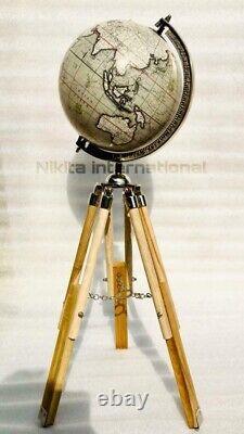 Vintage World Globe With Wooden Tripod Stand Handmade For Office & Home Décor