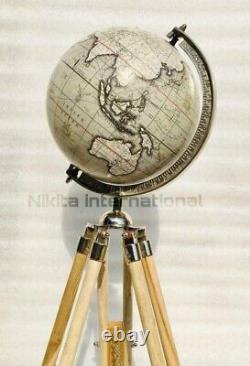 Vintage World Globe With Wooden Tripod Stand Handmade For Office & Home Décor