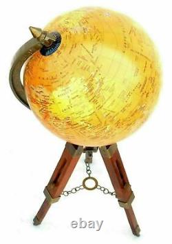 Vintage World Map Table Tripod Globe Vintage Brass Ornament With Wooden Stand