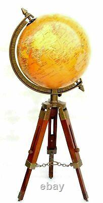 Vintage World Map Table Tripod Globe Vintage Brass Ornament With Wooden Stand