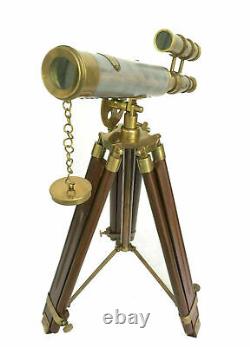 Vintage brass 15 double barrel leather spyglass telescope with tripod stand