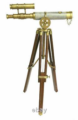 Vintage brass 15 double barrel leather spyglass telescope with tripod stand
