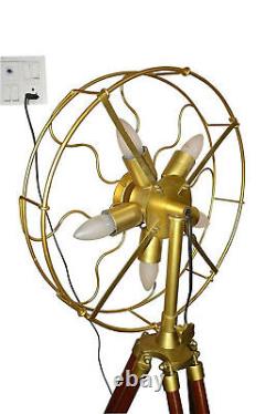 Vintage brass fan light on wooden tripod nautical 52 floor lamp victorian style