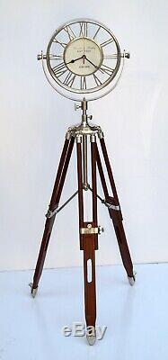 Vintage brass floor clock roman numerals with wooden tripod stand home decor