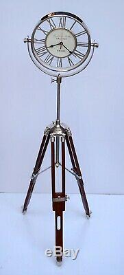 Vintage brass floor clock roman numerals with wooden tripod stand home decor
