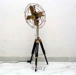 Vintage brass floor fan with wooden adjustable tripod stand modern studio fan