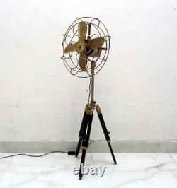 Vintage brass floor fan with wooden adjustable tripod stand modern studio fan