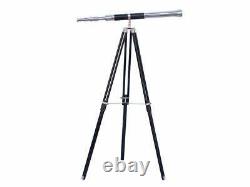 Vintage chrome 39 inch telescope nautical black leather with wooden tripod stand