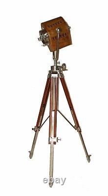 Vintage hollywood nautical wooden spotlight lamp with brown wooden tripod gift