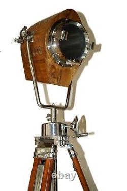 Vintage hollywood nautical wooden spotlight lamp with brown wooden tripod gift