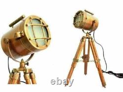 Vintage modern search light table lamp nautical spotlight on wooden tripod stand