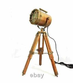 Vintage modern search light table lamp nautical spotlight on wooden tripod stand