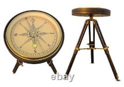 Vintage nautical brass large compass 35 cm with wooden tripod stand coffee table