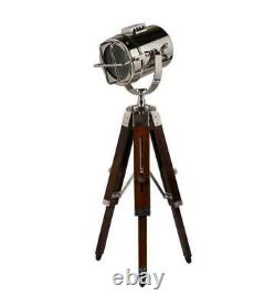 Vintage silver metal shade tripod table lamp with brown wooden tripod stand decor