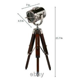 Vintage silver metal shade tripod table lamp with brown wooden tripod stand decor
