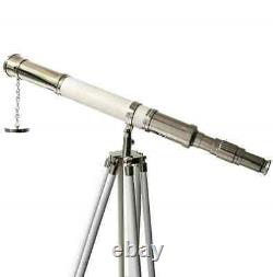 Vintage single barrel brass telescope with wooden tripod stand nautical gift