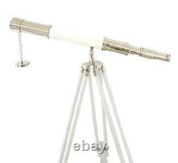 Vintage single barrel brass telescope with wooden tripod stand nautical gift
