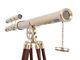 Vintage Spyglass Double Barrel Scope Telescope With Wooden Adjustable Tripod