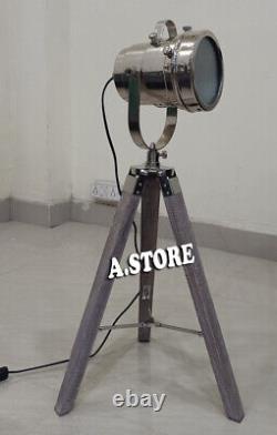Vintage style Marine Nautical Industrial wooden tripod stand Hollywood Spotlight