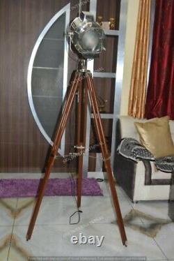 Vintage style chrome spotlight home decor lamp on brown wooden tripod base decor