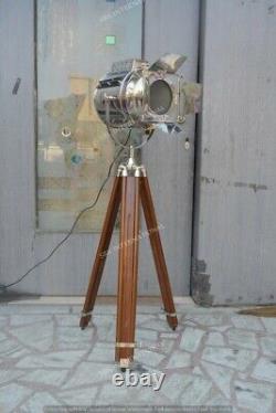 Vintage style chrome spotlight home decor lamp on brown wooden tripod base decor