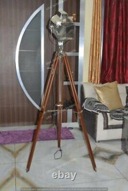 Vintage style chrome spotlight home decor lamp on brown wooden tripod base decor