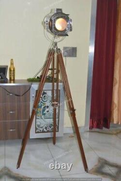 Vintage style chrome spotlight home decor lamp on brown wooden tripod base decor