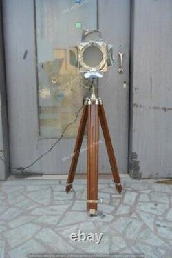 Vintage style chrome spotlight home decor lamp on brown wooden tripod base decor