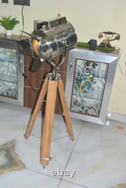 Vintage style chrome spotlight lamp on wooden tripod base floor lamp lighting