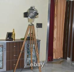 Vintage style chrome spotlight lamp on wooden tripod base floor lamp lighting