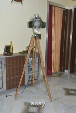 Vintage style chrome spotlight lamp on wooden tripod base floor lamp lighting