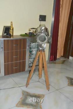 Vintage style chrome spotlight lamp on wooden tripod base floor lamp lighting