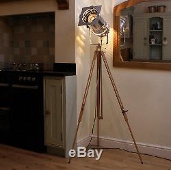 Vintage style spotlight + tripod, Long polished Steampunk Industrial floor lamp