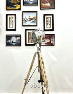 Vintage style wooden tripod with studio spotlight 177.8 cm Handmade Industrial