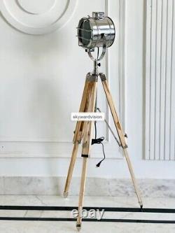 Vintage style wooden tripod with studio spotlight 177.8 cm Handmade Industrial