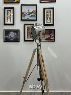 Vintage style wooden tripod with studio spotlight 177.8 cm Handmade Industrial