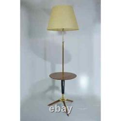 Vintage tripod floor lamp with shelf, wood and brass home decor