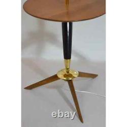 Vintage tripod floor lamp with shelf, wood and brass home decor
