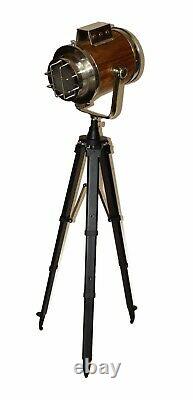 Vintage wooden floor lamp search light modern Industrial with black tripod stand