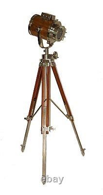 Vintage wooden theater spotlight floor lamp with wooden tripod stand home decor