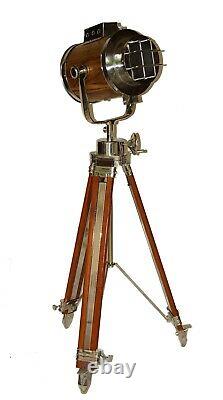 Vintage wooden theater spotlight floor lamp with wooden tripod stand home decor