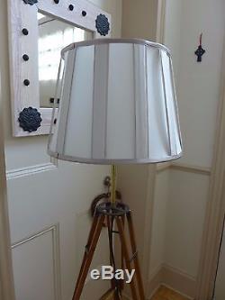 Vintage wooden tripod floor lamp, switch in bulb holder, shade and bulb included