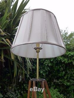 Vintage wooden tripod floor lamp, switch in bulb holder, shade and bulb included