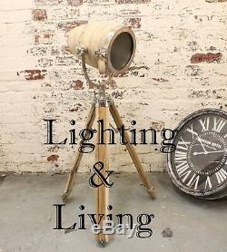 WOODEN FLOOR SPOT LAMP TRIPOD STAND Raw Nickel Vintage Decor Theater Searchlight